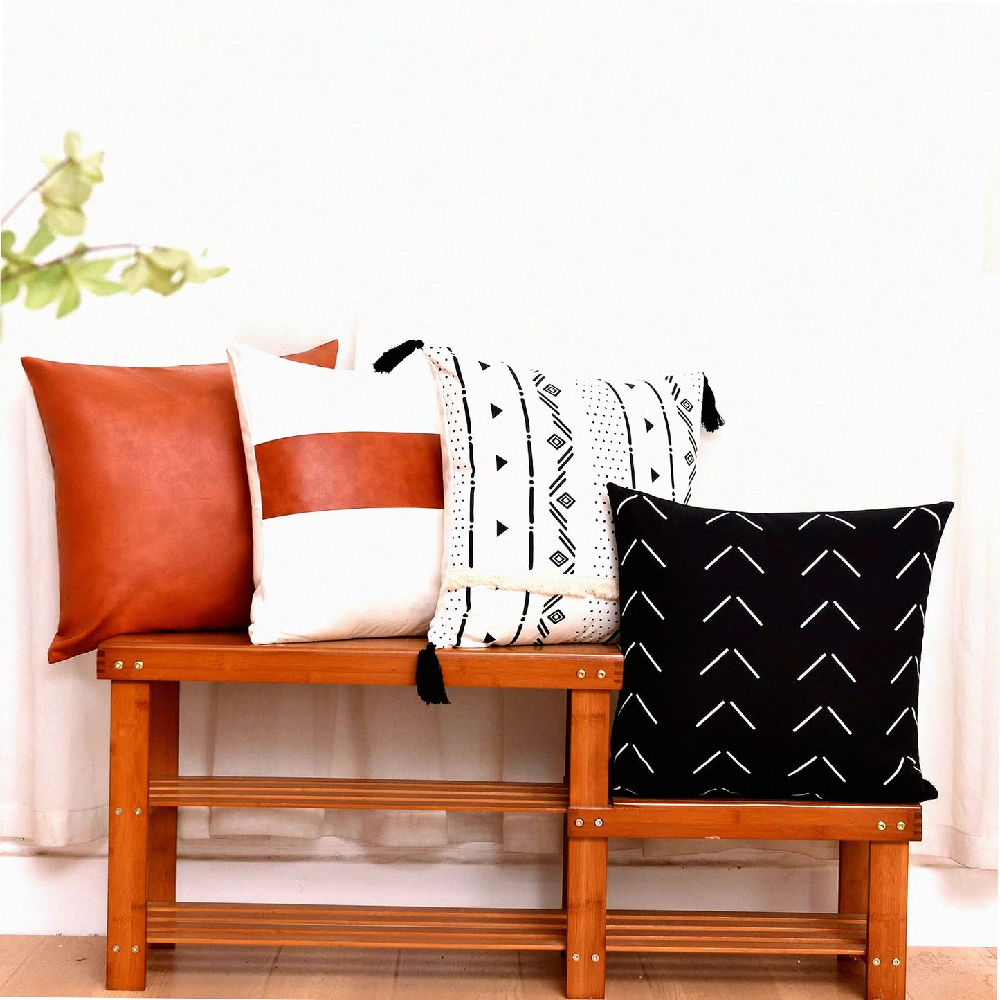 Modern Farmhouse Stripe Pillow Covers Set - Geometric Leather Cotton Decorative Cushion Cases for Bedroom Living Room Couch Sofa - Black/White - 18x18 - Pack of 4