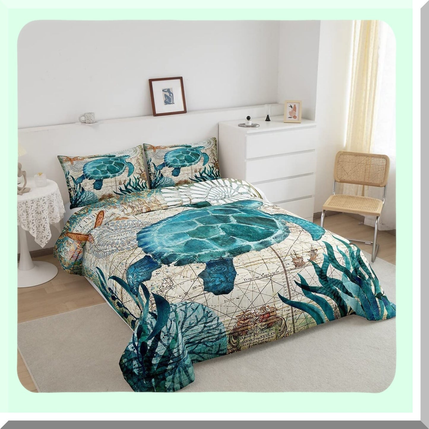 Ocean Breeze Turtle Comforter Set - Teal Turquoise Themed Mediterranean Design - Quilted Duvet Set with 2 Pillowcases - Size 1 Comforter - Down Alternative