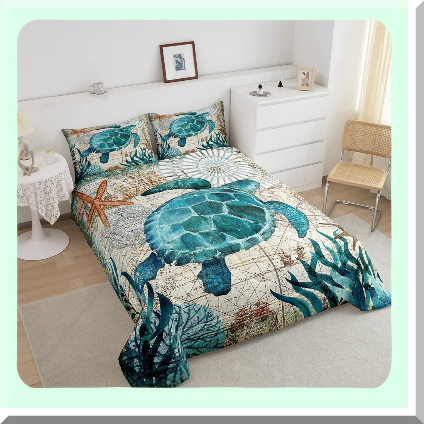 Ocean Breeze Turtle Comforter Set - Teal Turquoise Themed Mediterranean Design - Quilted Duvet Set with 2 Pillowcases - Size 1 Comforter - Down Alternative