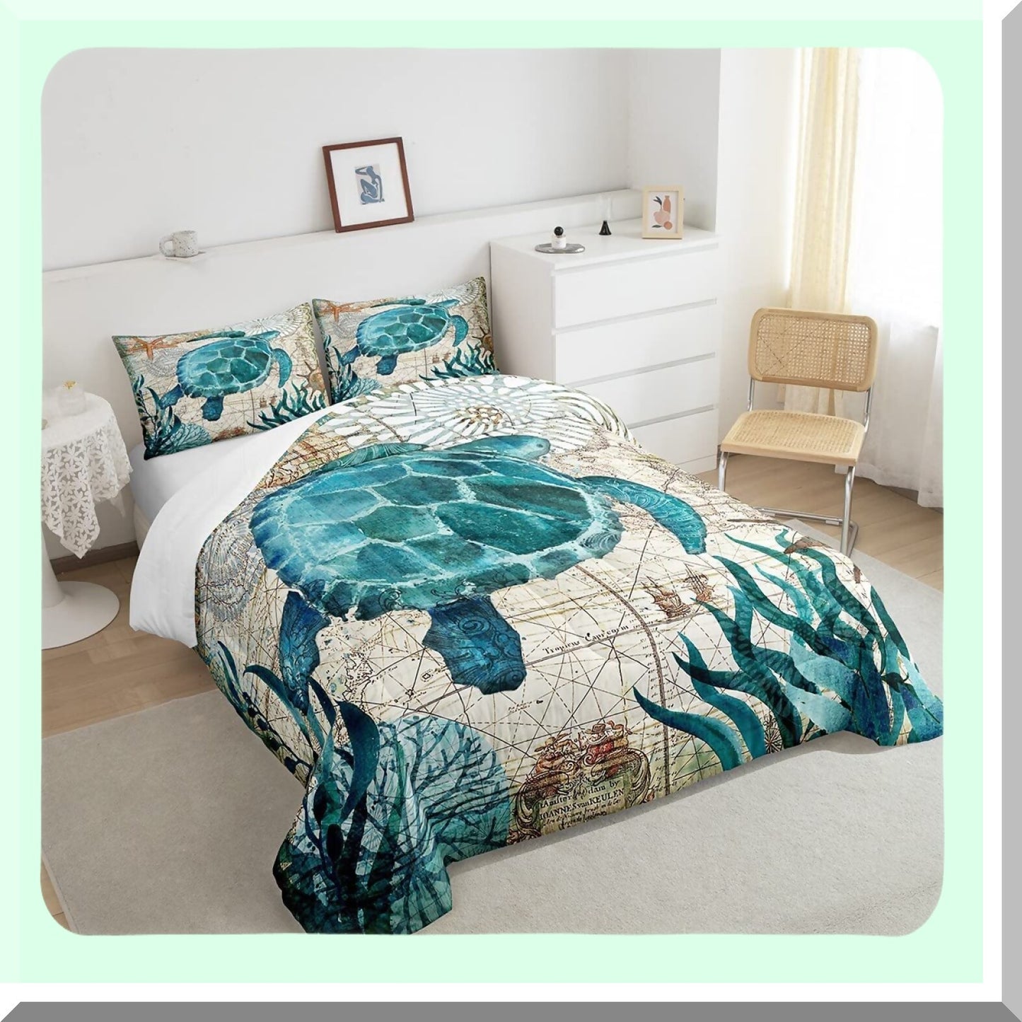 Ocean Breeze Turtle Comforter Set - Teal Turquoise Themed Mediterranean Design - Quilted Duvet Set with 2 Pillowcases - Size 1 Comforter - Down Alternative