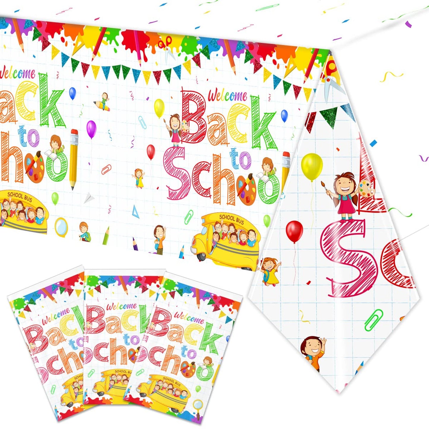 School Bus Party Table Covers - Set of 3 Disposable Plastic Tablecloths for Back to School Decorations. Perfect for First Day of School celebrations!
