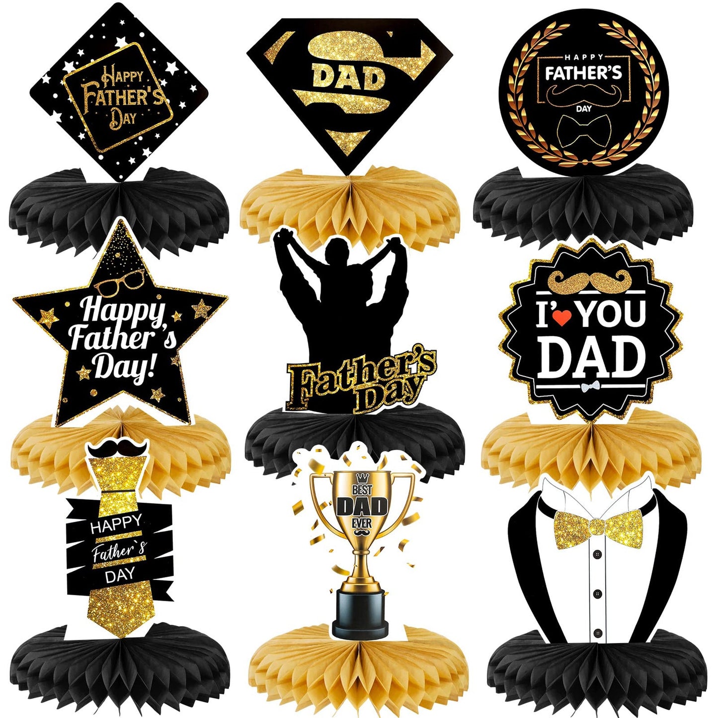 Gold Dad Honeycomb Centerpieces - Happy Fathers Day Table Decorations - I Love You Dad Table Toppers - Black and Gold Dads Day Party Decor