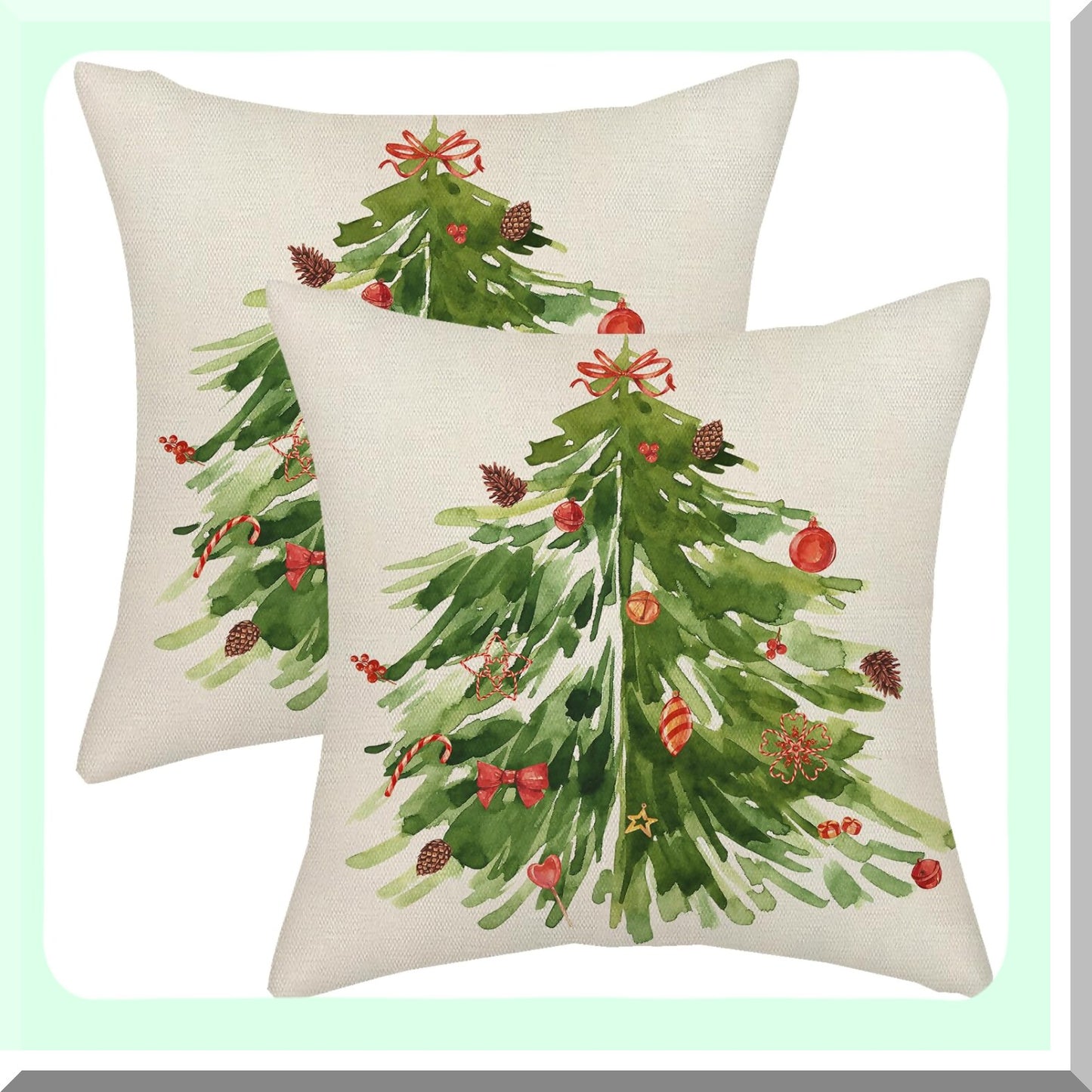 Sage Green Tree Winter Pillow Covers - Set of 2 Decorative Throw Pillows 20x20 for Couch & Bed - Watercolor Xmas Indoor Outdoor Cushion Cases