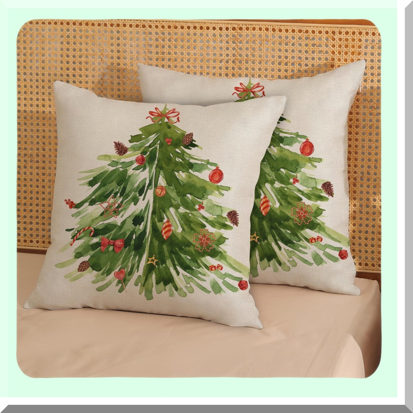Sage Green Tree Winter Pillow Covers - Set of 2 Decorative Throw Pillows 20x20 for Couch & Bed - Watercolor Xmas Indoor Outdoor Cushion Cases