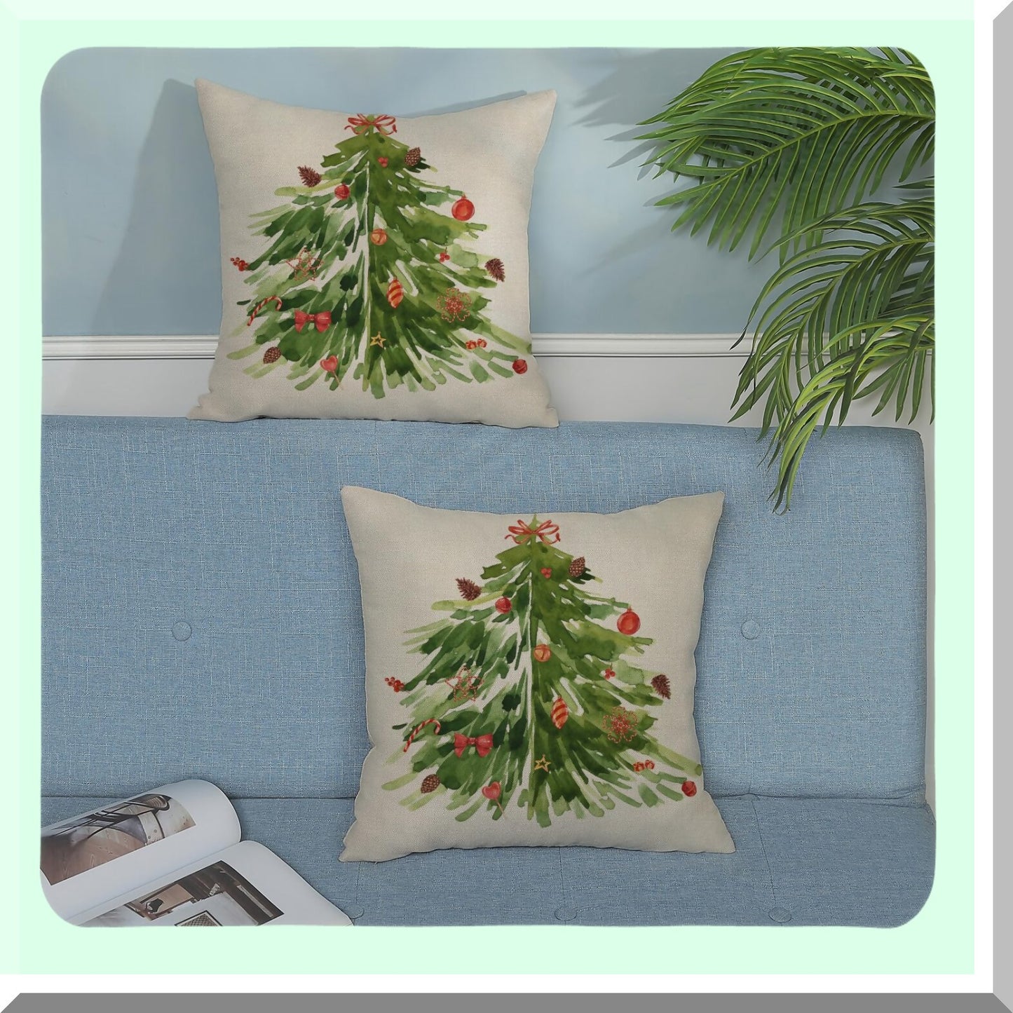 Sage Green Tree Winter Pillow Covers - Set of 2 Decorative Throw Pillows 20x20 for Couch & Bed - Watercolor Xmas Indoor Outdoor Cushion Cases