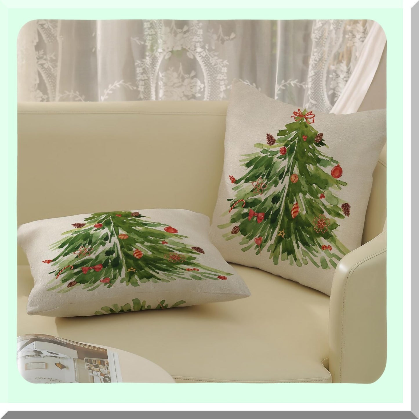 Sage Green Tree Winter Pillow Covers - Set of 2 Decorative Throw Pillows 20x20 for Couch & Bed - Watercolor Xmas Indoor Outdoor Cushion Cases