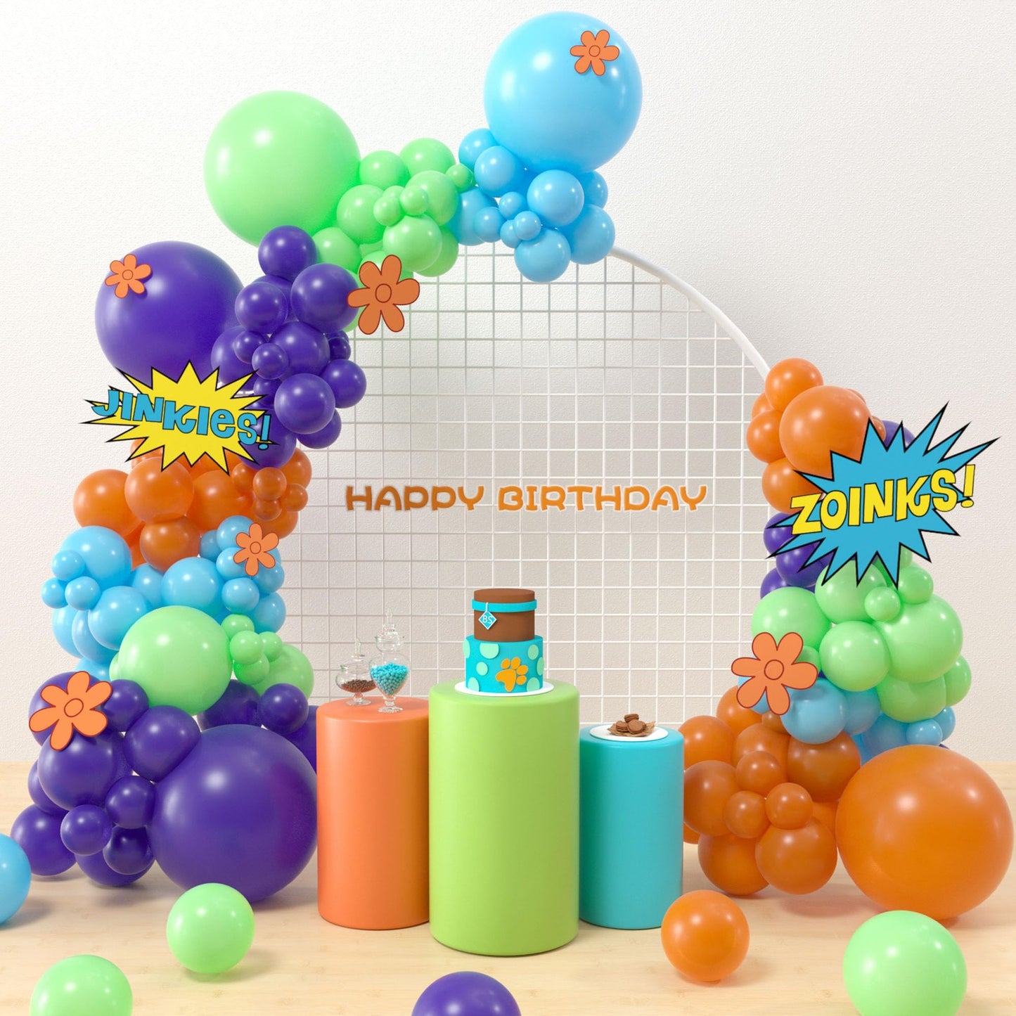 Adventure Dog Balloon Garland Kit - 145 Pcs Cartoon Dog Theme Balloon Arch in Blue, Orange, Purple, and Green for Kids Birthday Party Decorations.