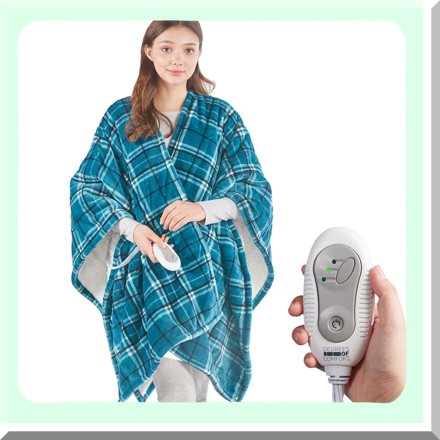 CozyHeat Reversible Electric Shawl - Washable Sherpa Heated Blanket Wrap with Auto Shut-Off, 50 x 64 Inch, Blue Plaid