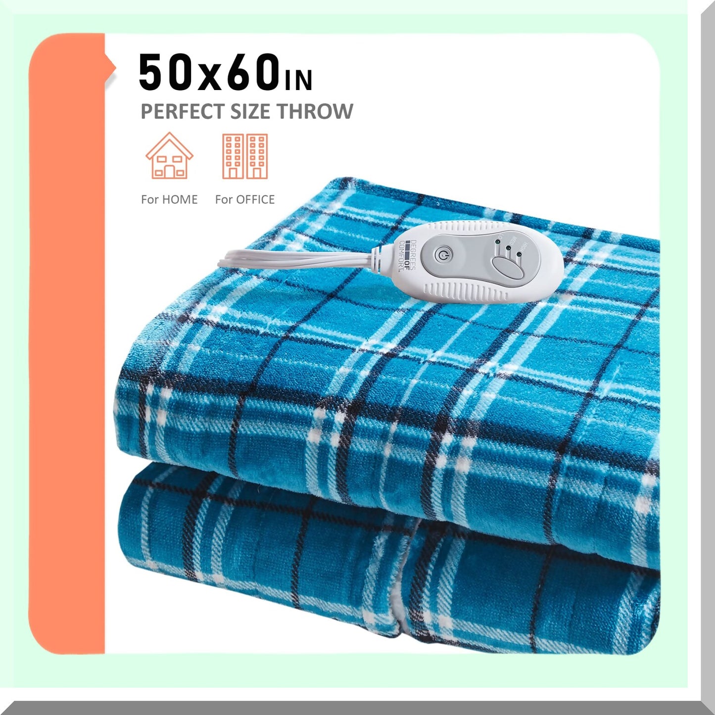 CozyHeat Reversible Electric Shawl - Washable Sherpa Heated Blanket Wrap with Auto Shut-Off, 50 x 64 Inch, Blue Plaid