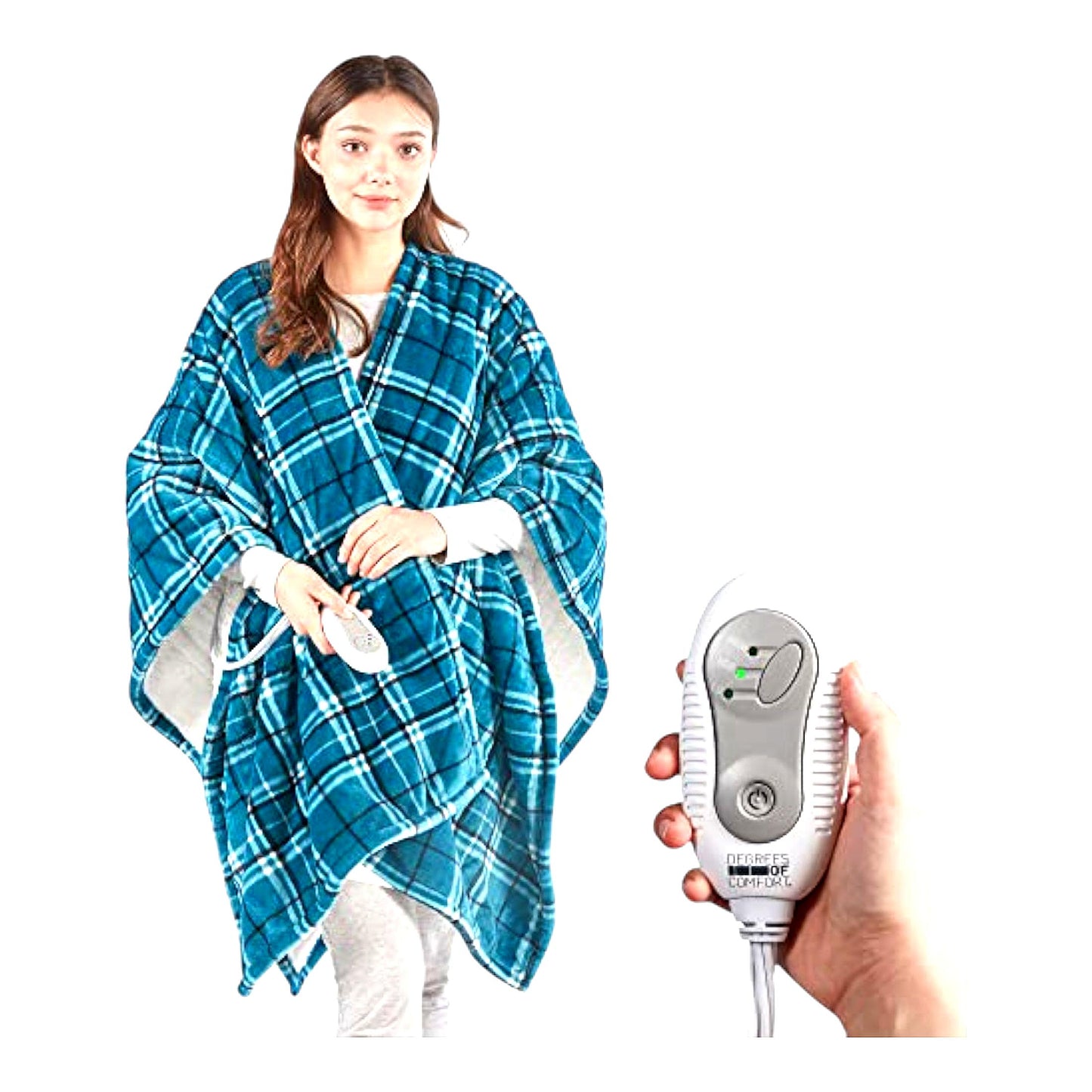 CozyHeat Reversible Electric Shawl - Washable Sherpa Heated Blanket Wrap with Auto Shut-Off, 50 x 64 Inch, Blue Plaid