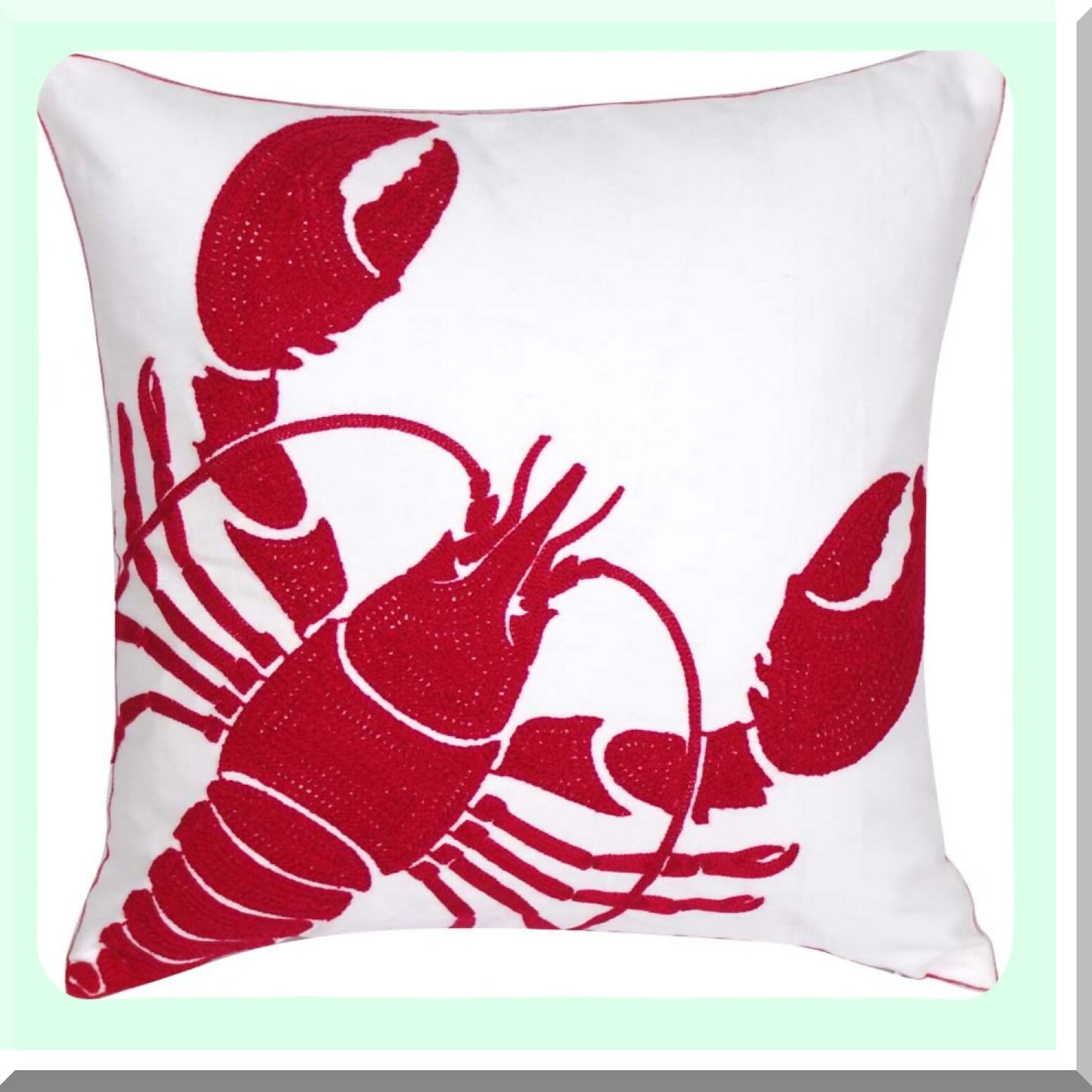 Nautical Lobster Embroidered Pillow Cover - Coastal Decor Square 18" Canvas Cushion Cover for Nautical Style Decoration - Red Lobster Theme