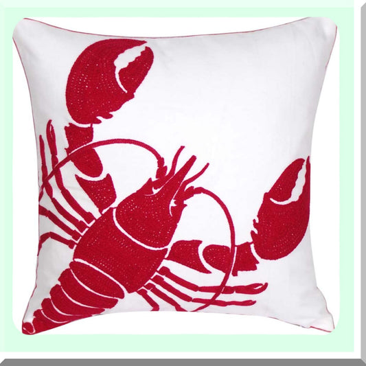 Nautical Lobster Embroidered Pillow Cover - Coastal Decor Square 18" Canvas Cushion Cover for Nautical Style Decoration - Red Lobster Theme