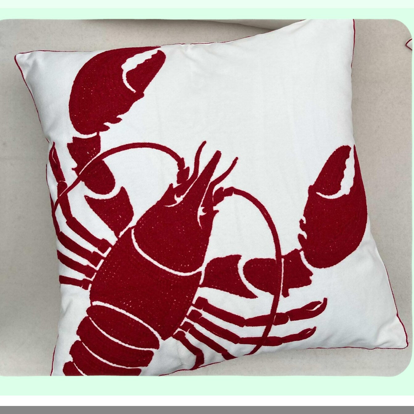 Nautical Lobster Embroidered Pillow Cover - Coastal Decor Square 18" Canvas Cushion Cover for Nautical Style Decoration - Red Lobster Theme