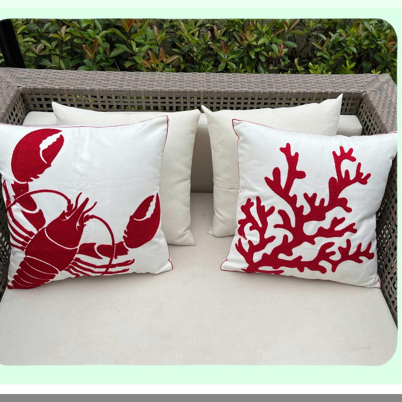 Nautical Lobster Embroidered Pillow Cover - Coastal Decor Square 18" Canvas Cushion Cover for Nautical Style Decoration - Red Lobster Theme