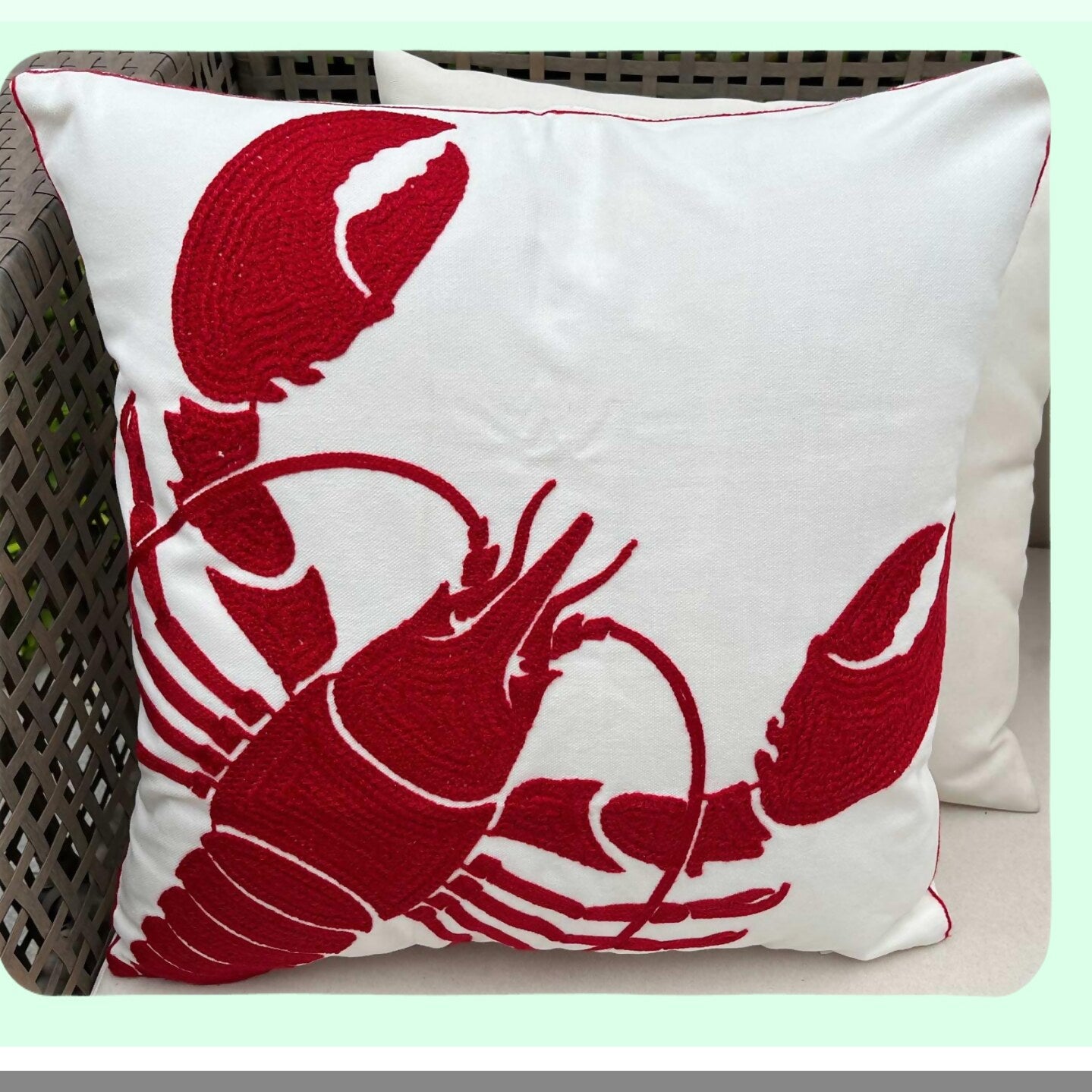 Nautical Lobster Embroidered Pillow Cover - Coastal Decor Square 18" Canvas Cushion Cover for Nautical Style Decoration - Red Lobster Theme