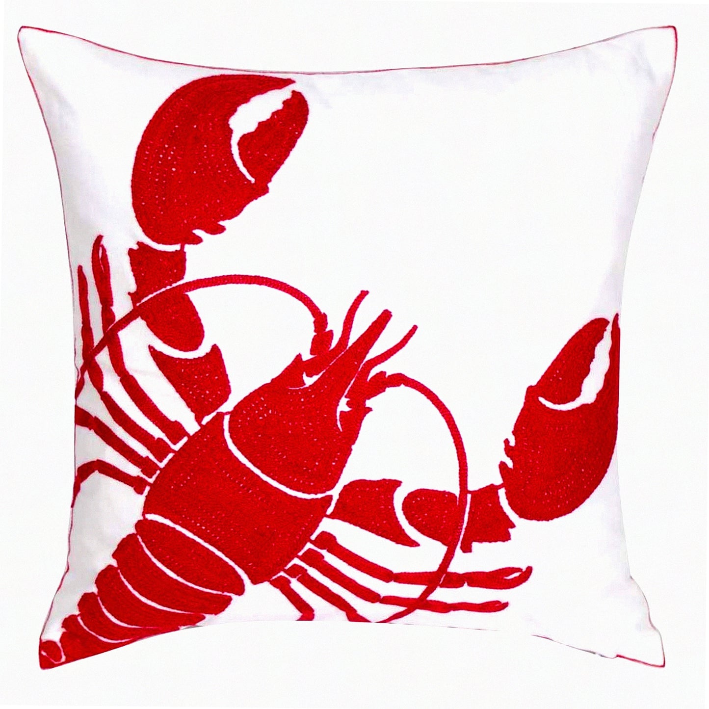 Nautical Lobster Embroidered Pillow Cover - Coastal Decor Square 18" Canvas Cushion Cover for Nautical Style Decoration - Red Lobster Theme