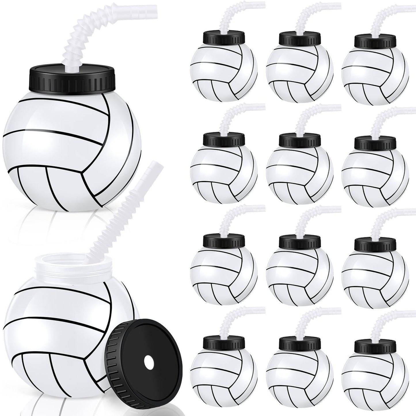 Volleyball Baller Cups - 12 Pack 14 oz Reusable Plastic Cups with Straws and Lids for Kids Birthday Sports Theme Party Supplies - Bulk Volleyball Party Favor