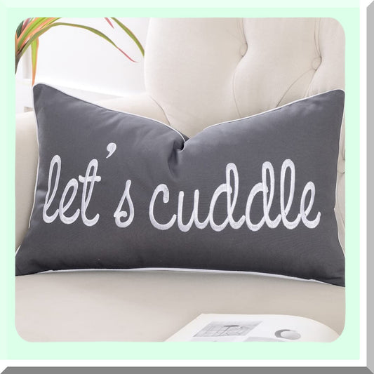 CozyCush Dark Gray Lumbar Pillow Cover - Soft Embroidered Rectangle Case for Bed & Bedroom Decor - Let's Cuddle Saying - 12x20 Inches - Grey Color