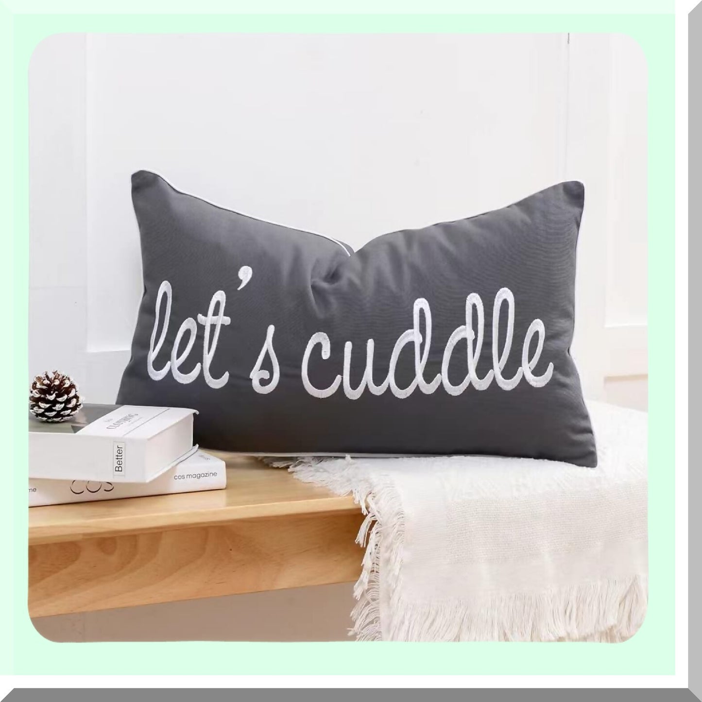 CozyCush Dark Gray Lumbar Pillow Cover - Soft Embroidered Rectangle Case for Bed & Bedroom Decor - Let's Cuddle Saying - 12x20 Inches - Grey Color