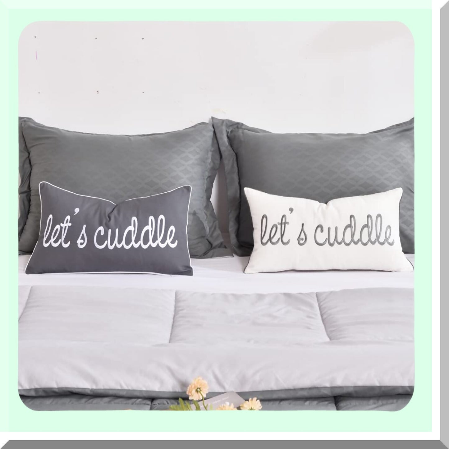 CozyCush Dark Gray Lumbar Pillow Cover - Soft Embroidered Rectangle Case for Bed & Bedroom Decor - Let's Cuddle Saying - 12x20 Inches - Grey Color