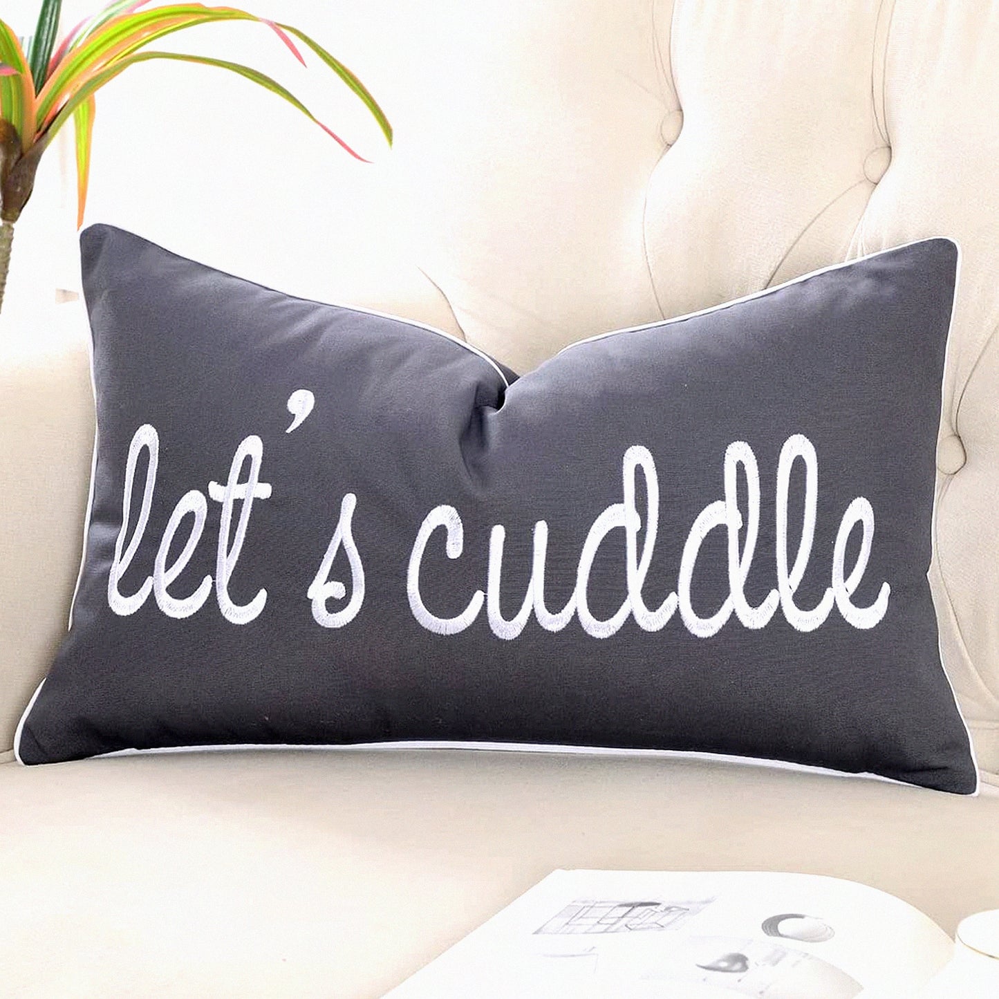CozyCush Dark Gray Lumbar Pillow Cover - Soft Embroidered Rectangle Case for Bed & Bedroom Decor - Let's Cuddle Saying - 12x20 Inches - Grey Color
