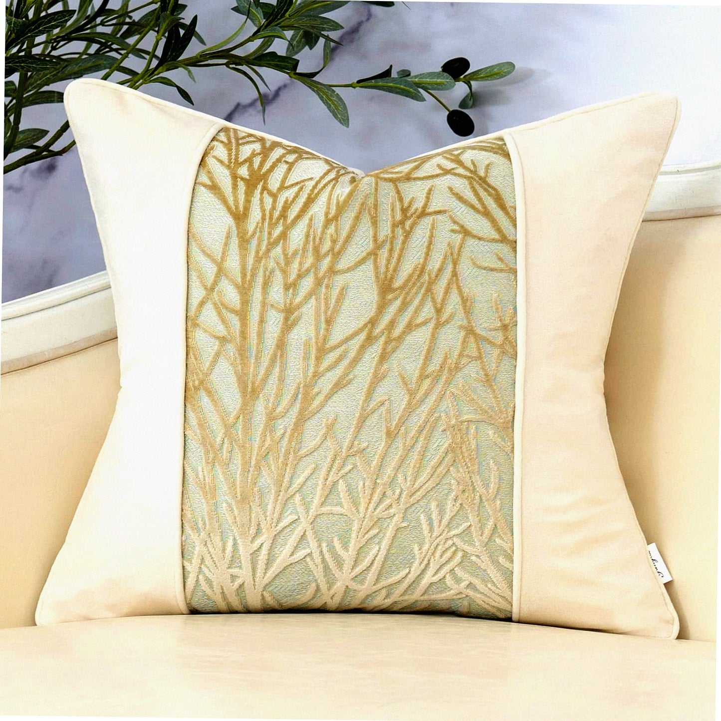 Velvet Branches Beige Throw Pillow - Neutral Cushion Cover for Sofa, Couch, Bedroom - Living Room Home Decor - 20x20 Inch