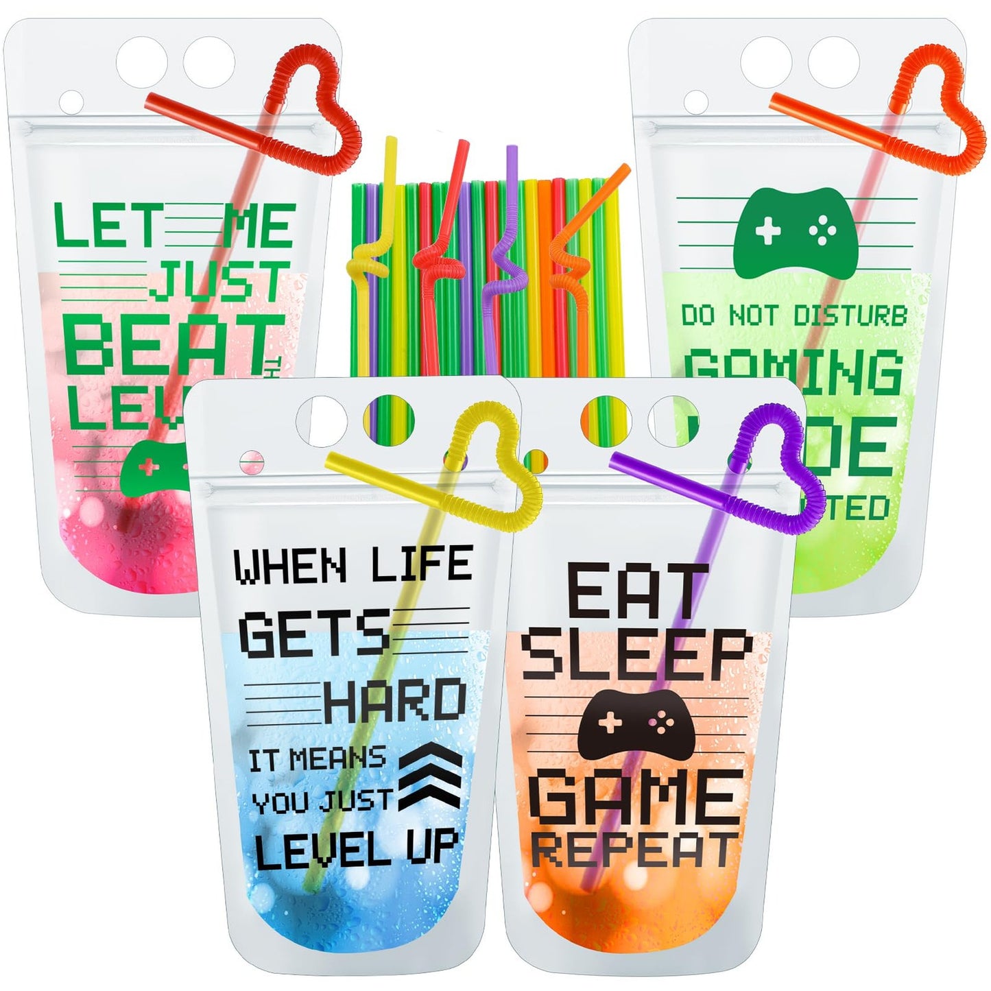 Gamer Fuel Drink Pouches - Party Pack of 24 Reusable Plastic Cups with Straws for Video Game Birthday Parties. Black & Green Zipper Bags for Gaming Fun!