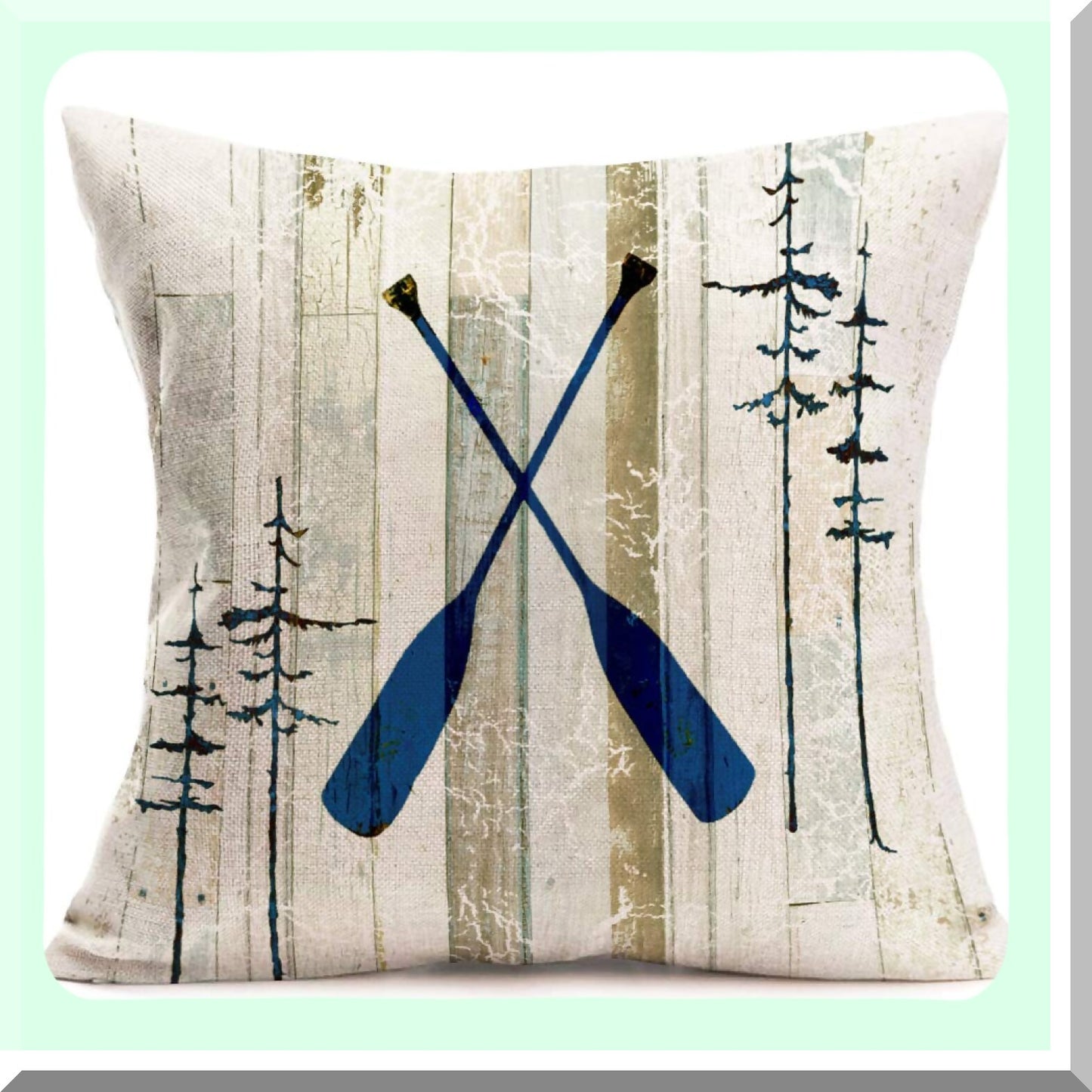 Adventure Wood Grain Pine Trees Pillow Covers - Retro Cotton Linen Boat Paddle Decorative Cases for Home Outdoor Decor. Standard 18x18 Inch Cushion Cover.