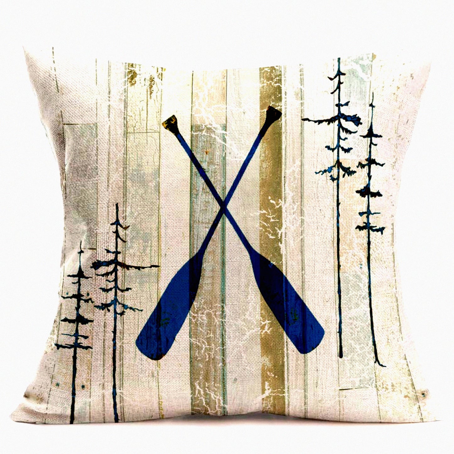 Adventure Wood Grain Pine Trees Pillow Covers - Retro Cotton Linen Boat Paddle Decorative Cases for Home Outdoor Decor. Standard 18x18 Inch Cushion Cover.
