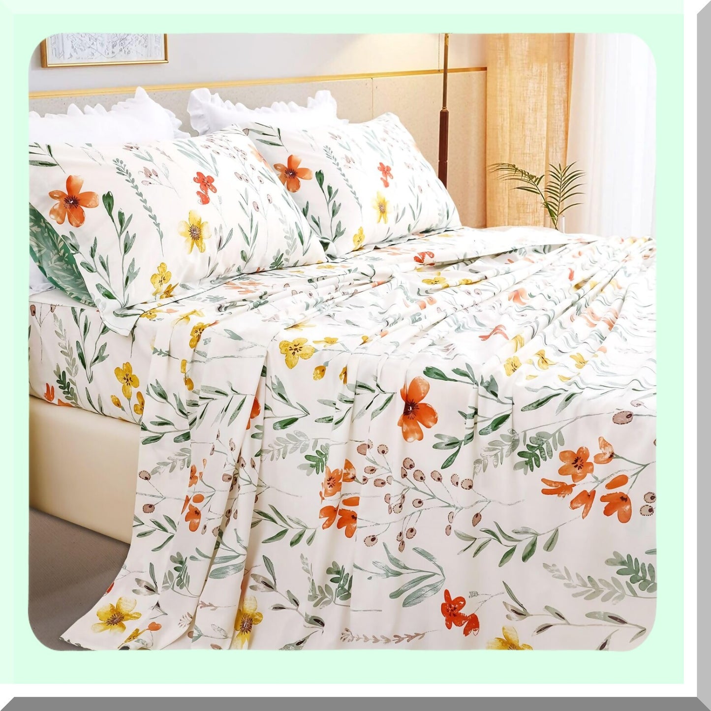 Botanical Bliss Full Size Cotton Sheets - Floral Green Plant Pattern Luxury Bedding Set - Extra Soft Breathable 4pcs Deep Pocket Sheets