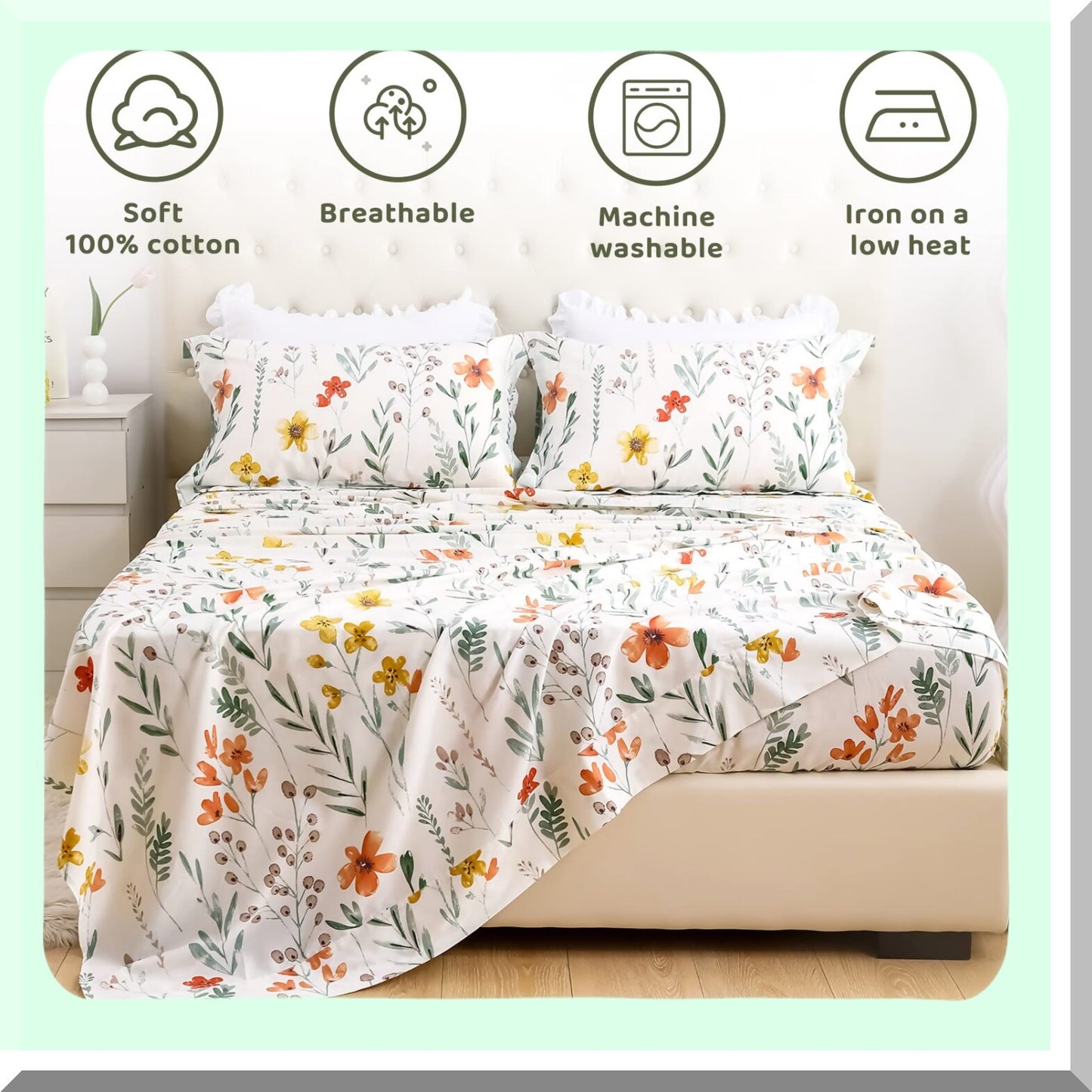 Botanical Bliss Full Size Cotton Sheets - Floral Green Plant Pattern Luxury Bedding Set - Extra Soft Breathable 4pcs Deep Pocket Sheets