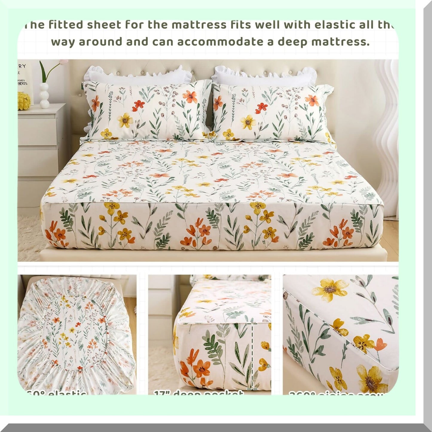 Botanical Bliss Full Size Cotton Sheets - Floral Green Plant Pattern Luxury Bedding Set - Extra Soft Breathable 4pcs Deep Pocket Sheets