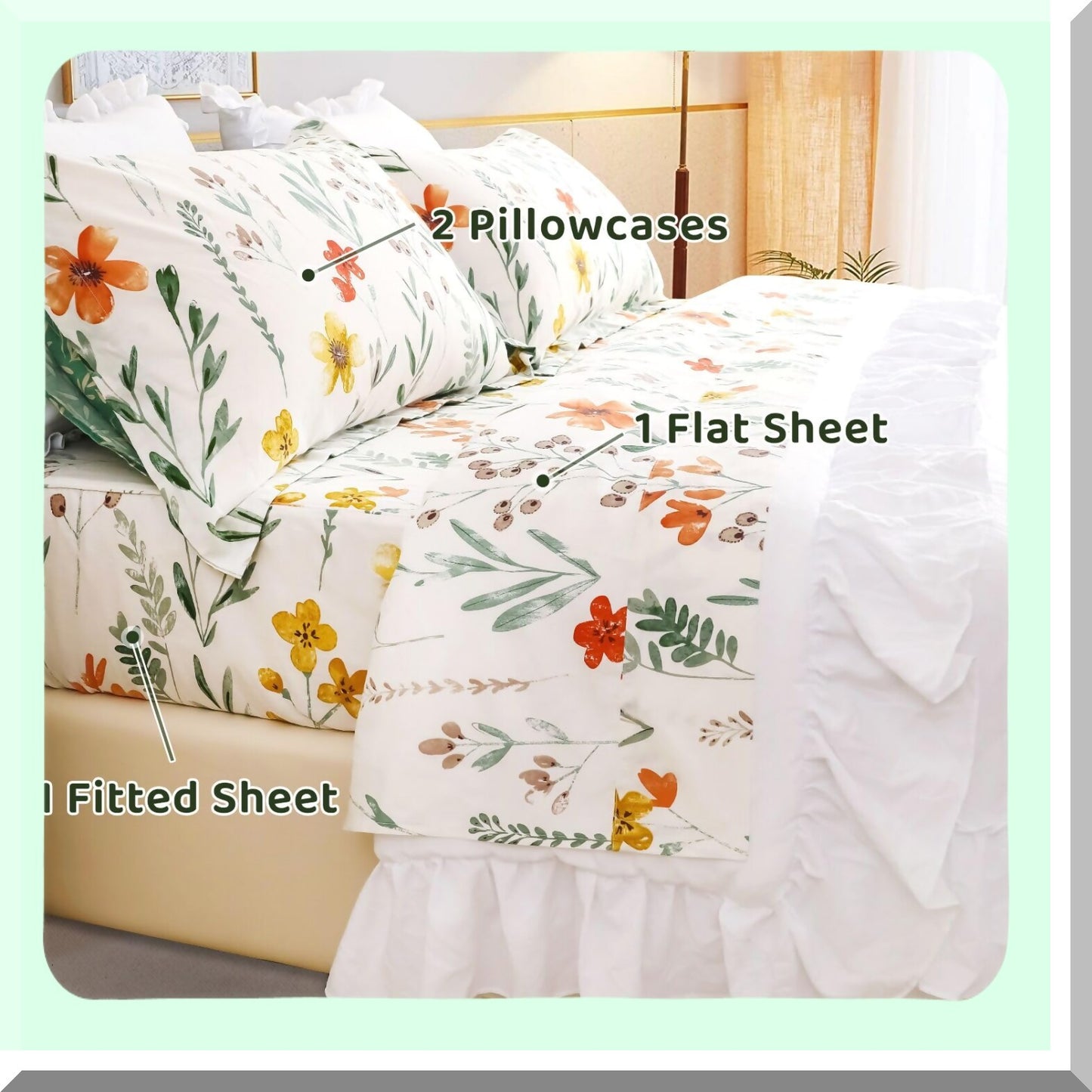 Botanical Bliss Full Size Cotton Sheets - Floral Green Plant Pattern Luxury Bedding Set - Extra Soft Breathable 4pcs Deep Pocket Sheets