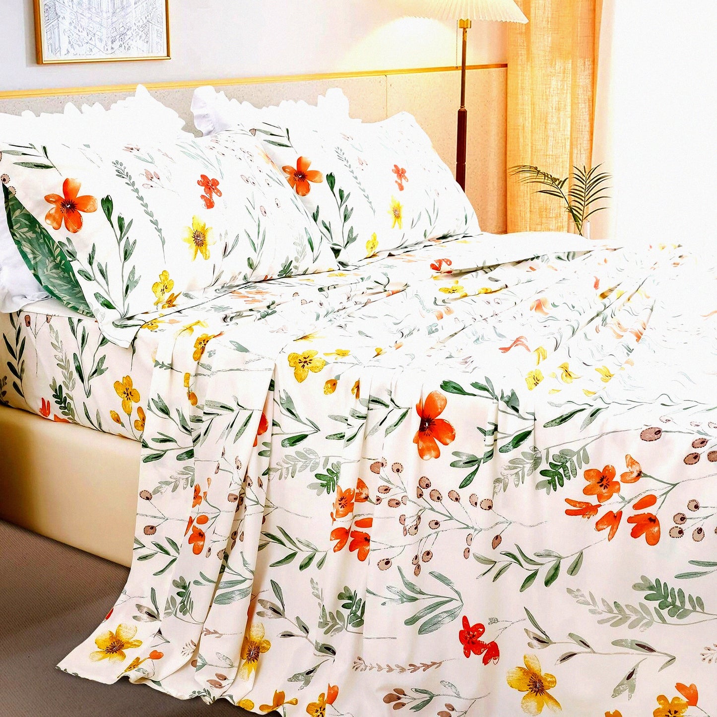 Botanical Bliss Full Size Cotton Sheets - Floral Green Plant Pattern Luxury Bedding Set - Extra Soft Breathable 4pcs Deep Pocket Sheets