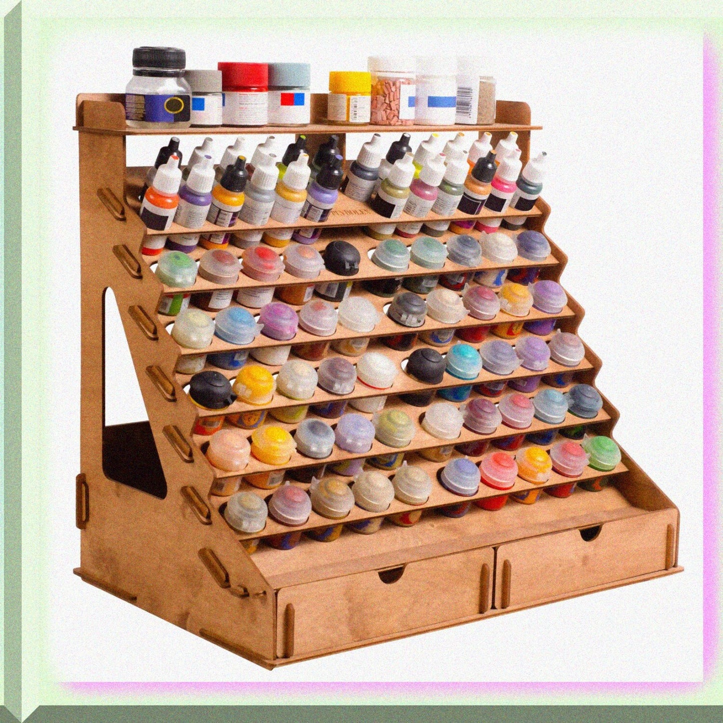 Wooden Paint Organizer for 74 Bottles and 14 Brushes