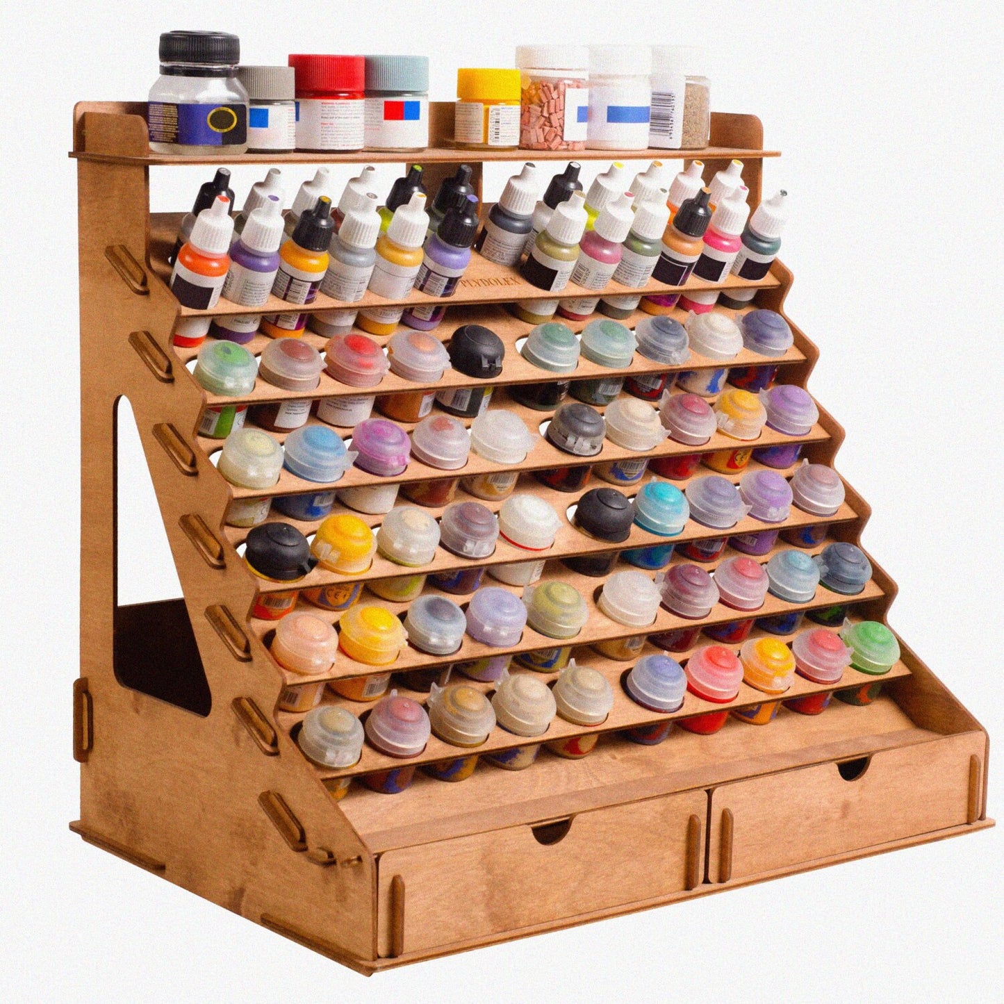 Wooden Paint Organizer for 74 Bottles and 14 Brushes