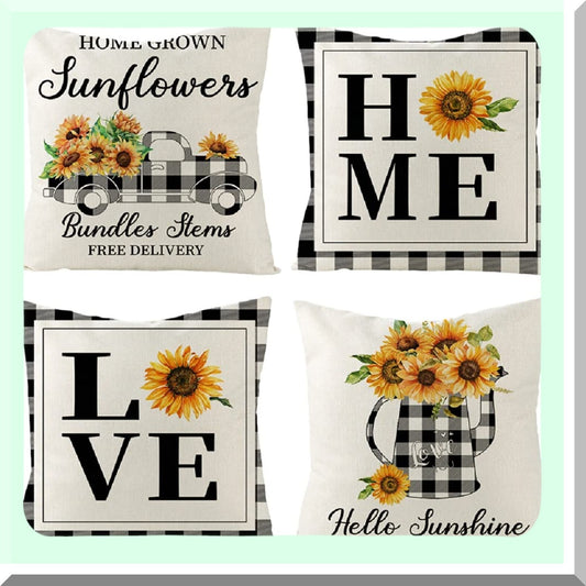 Sunflower Rustic Buffalo Plaid Pillow Covers - Set of 4 Farmhouse Decorative Throw Pillow Covers for Indoor Outdoor Sofa Living Room Patio Decor - 18x18 Summer Theme