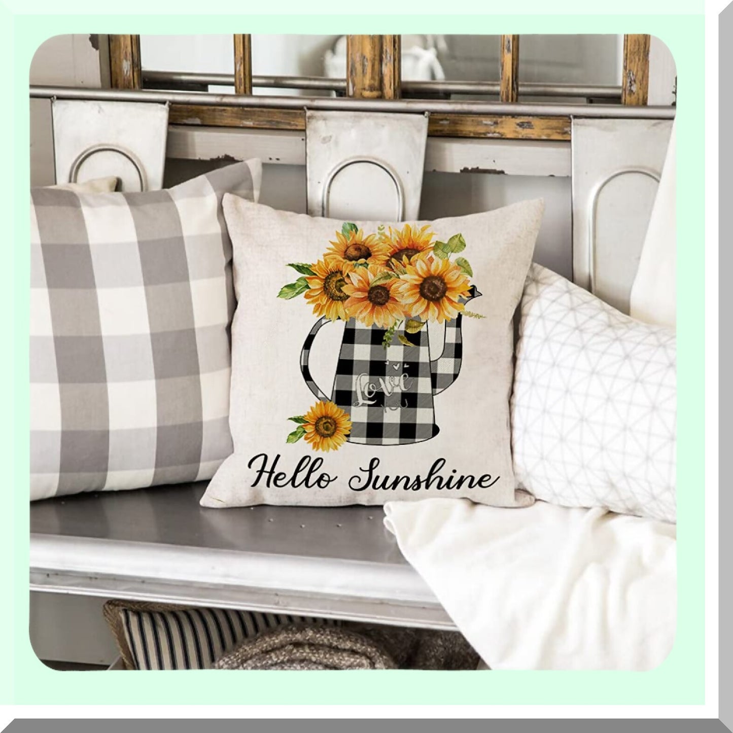 Sunflower Rustic Buffalo Plaid Pillow Covers - Set of 4 Farmhouse Decorative Throw Pillow Covers for Indoor Outdoor Sofa Living Room Patio Decor - 18x18 Summer Theme