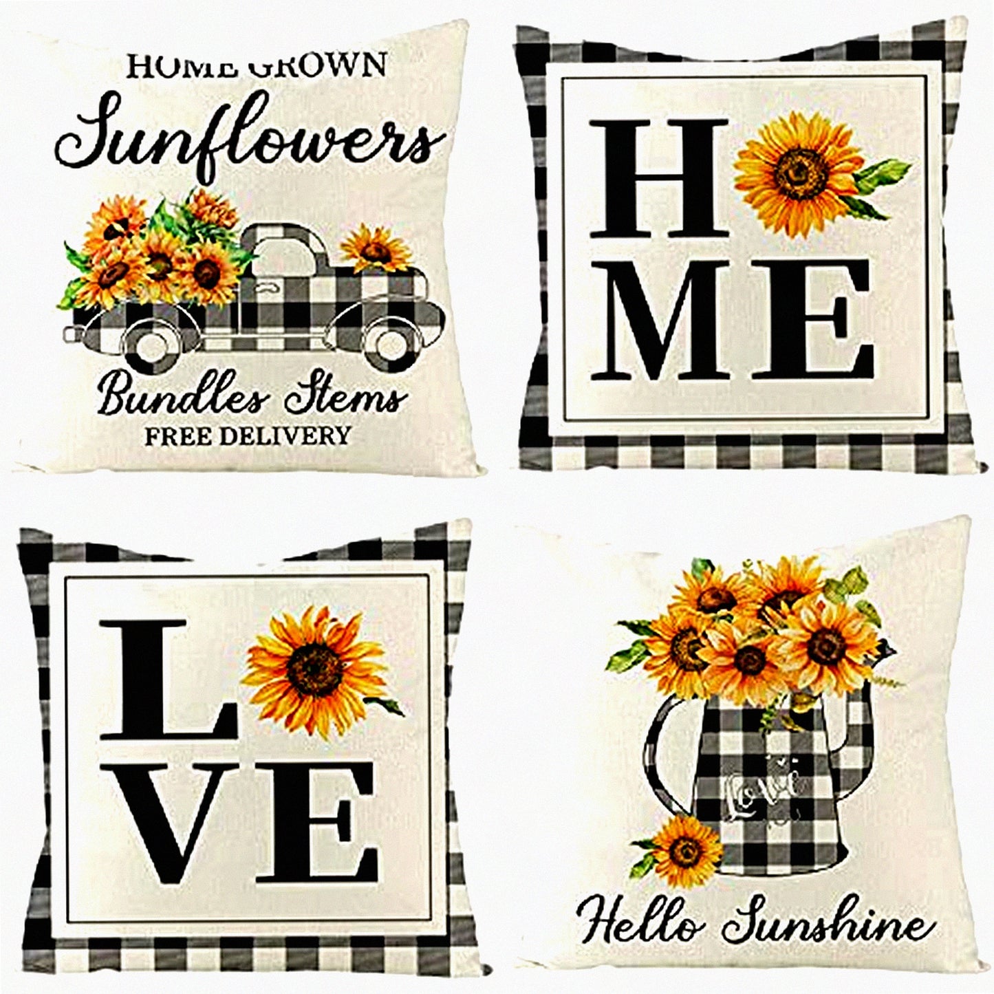 Sunflower Rustic Buffalo Plaid Pillow Covers - Set of 4 Farmhouse Decorative Throw Pillow Covers for Indoor Outdoor Sofa Living Room Patio Decor - 18x18 Summer Theme
