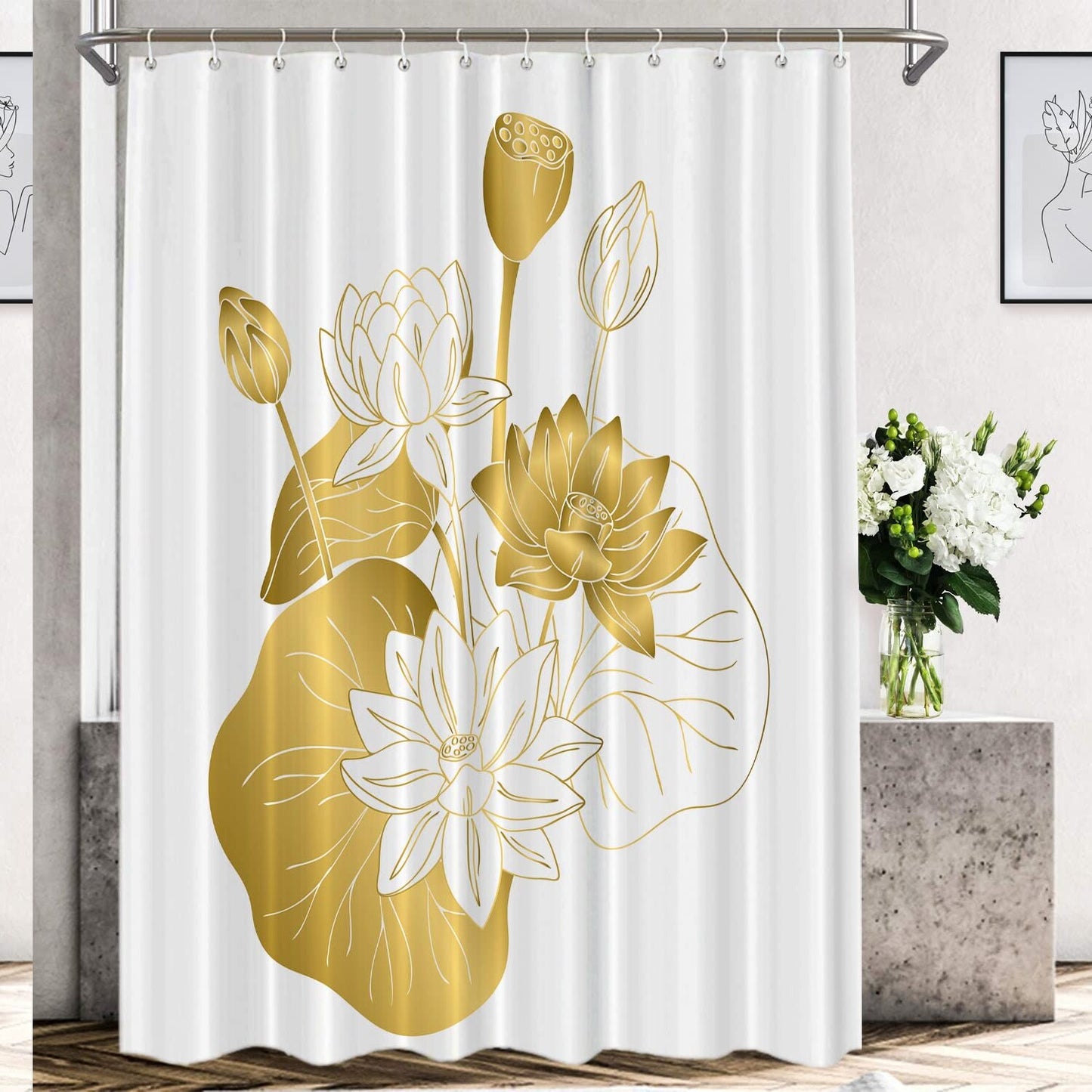 Color Gold White Lotus Contour Shower Curtain 72x72 Inch