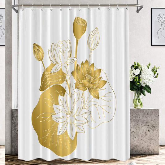 Color Gold White Lotus Contour Shower Curtain 72x72 Inch