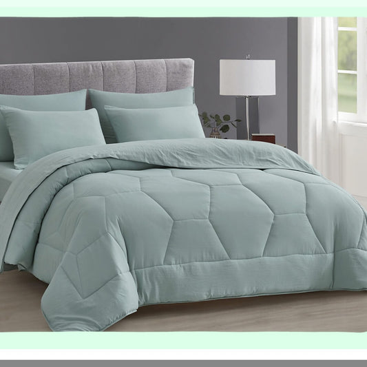 Honeycomb Hexagon Quilted Comforter Set - Soft Washed Microfiber Bedding Bundle with Sheets - Lightweight All Season Bed in a Bag - Aqua Geo