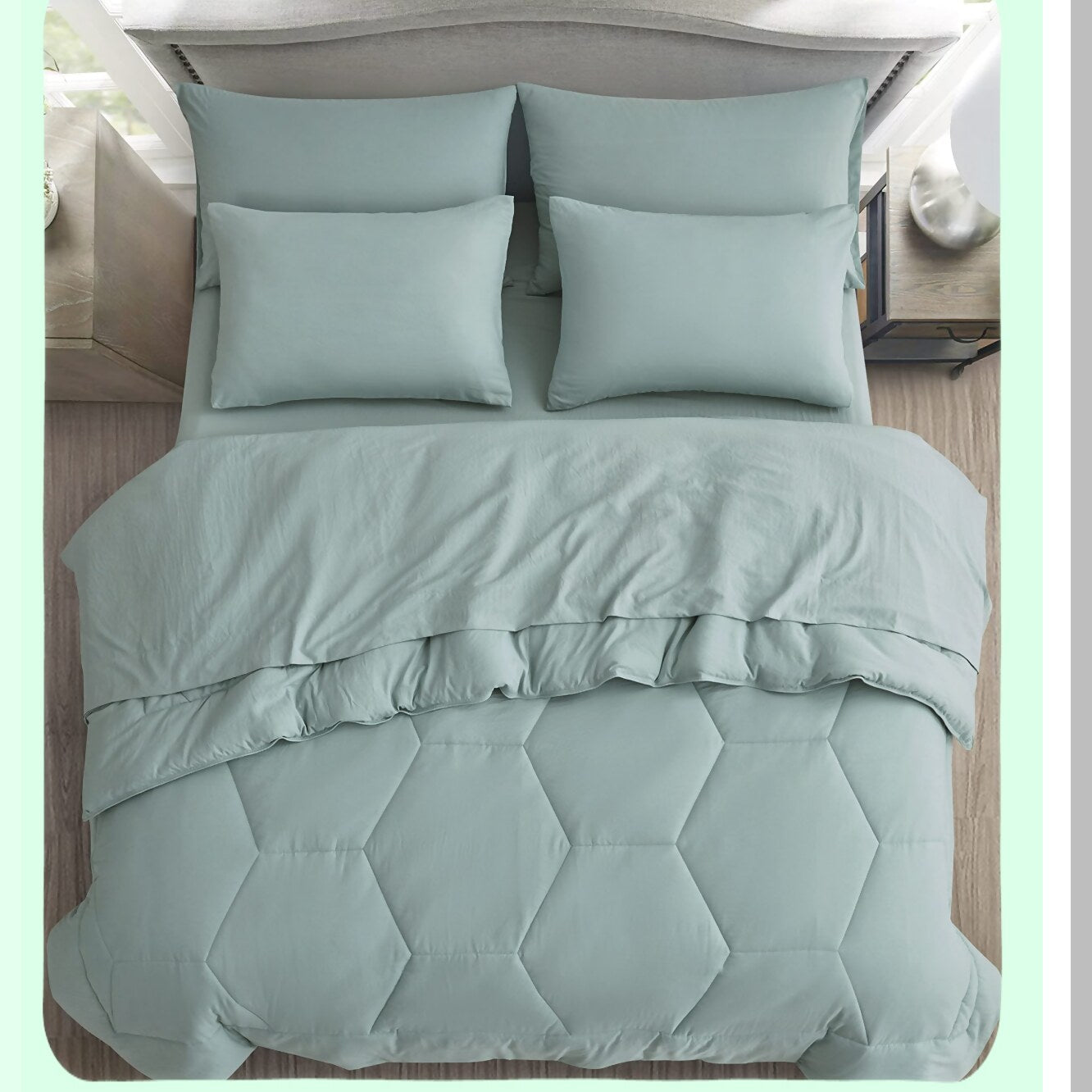 Honeycomb Hexagon Quilted Comforter Set - Soft Washed Microfiber Bedding Bundle with Sheets - Lightweight All Season Bed in a Bag - Aqua Geo