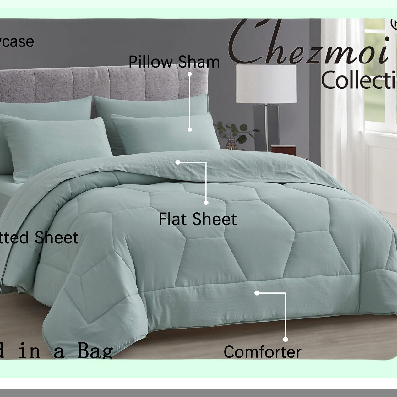 Honeycomb Hexagon Quilted Comforter Set - Soft Washed Microfiber Bedding Bundle with Sheets - Lightweight All Season Bed in a Bag - Aqua Geo