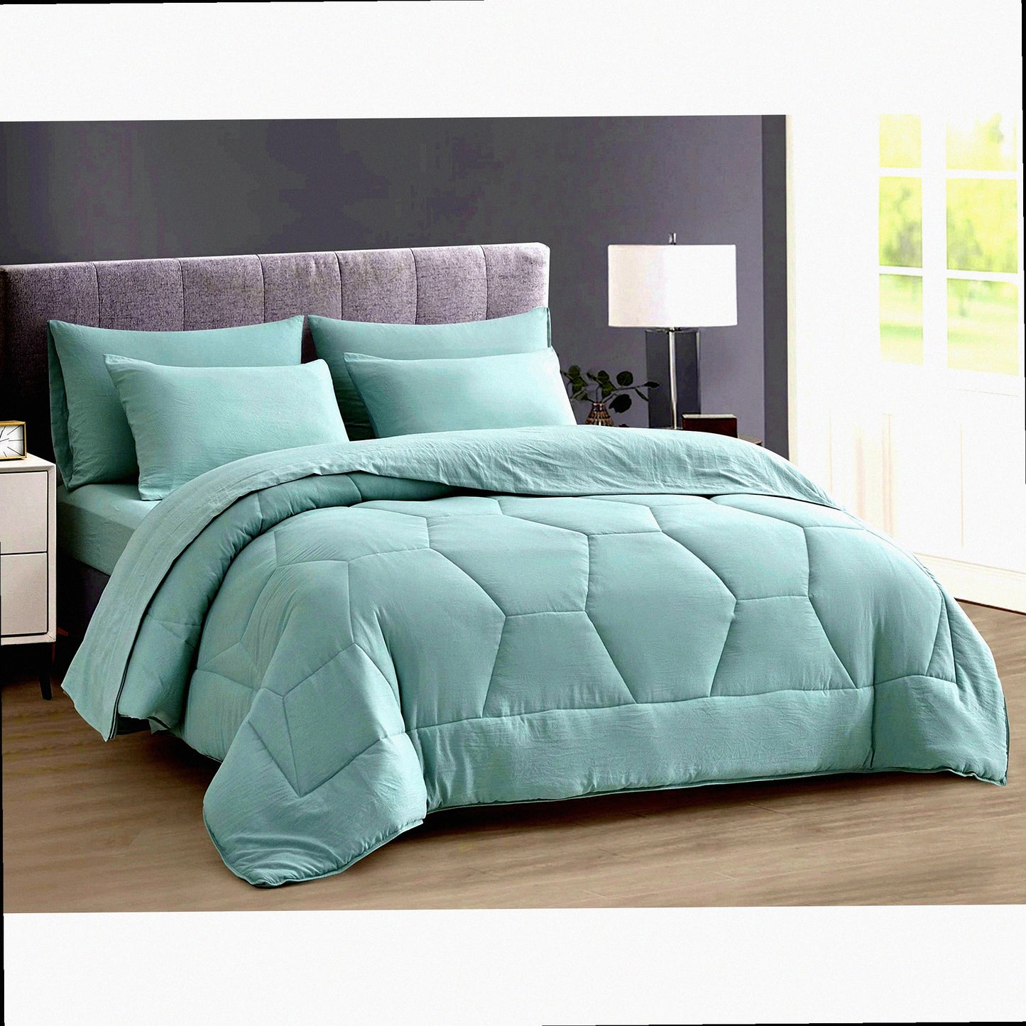 Honeycomb Hexagon Quilted Comforter Set - Soft Washed Microfiber Bedding Bundle with Sheets - Lightweight All Season Bed in a Bag - Aqua Geo