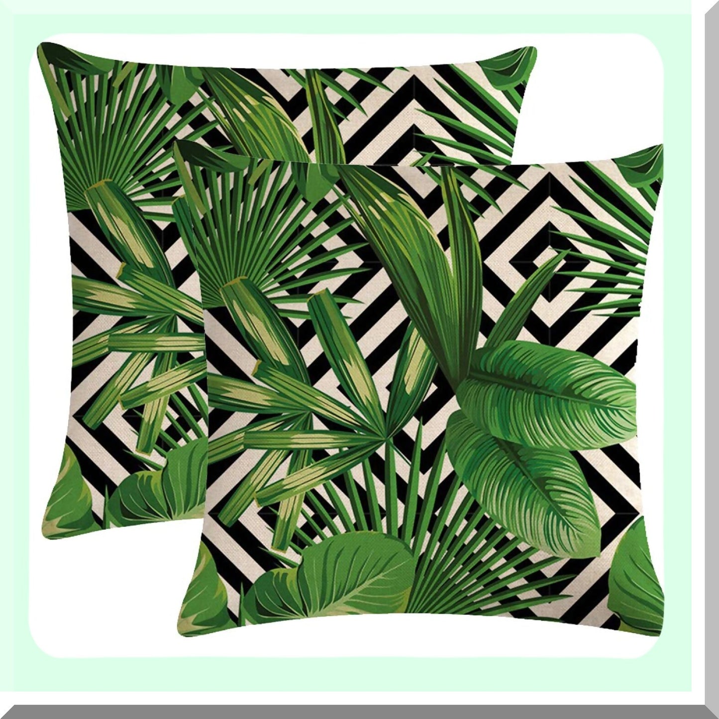 Tropical Palm Leaf Geometric Cushion Cover Set - Green Leaves Decorative Pillowcase for Home Decor - Cotton Linen Square Throw Pillow Cover 18x18 Inch
