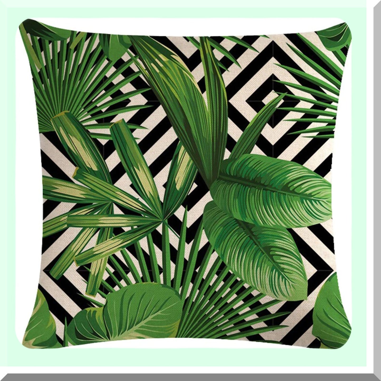 Tropical Palm Leaf Geometric Cushion Cover Set - Green Leaves Decorative Pillowcase for Home Decor - Cotton Linen Square Throw Pillow Cover 18x18 Inch
