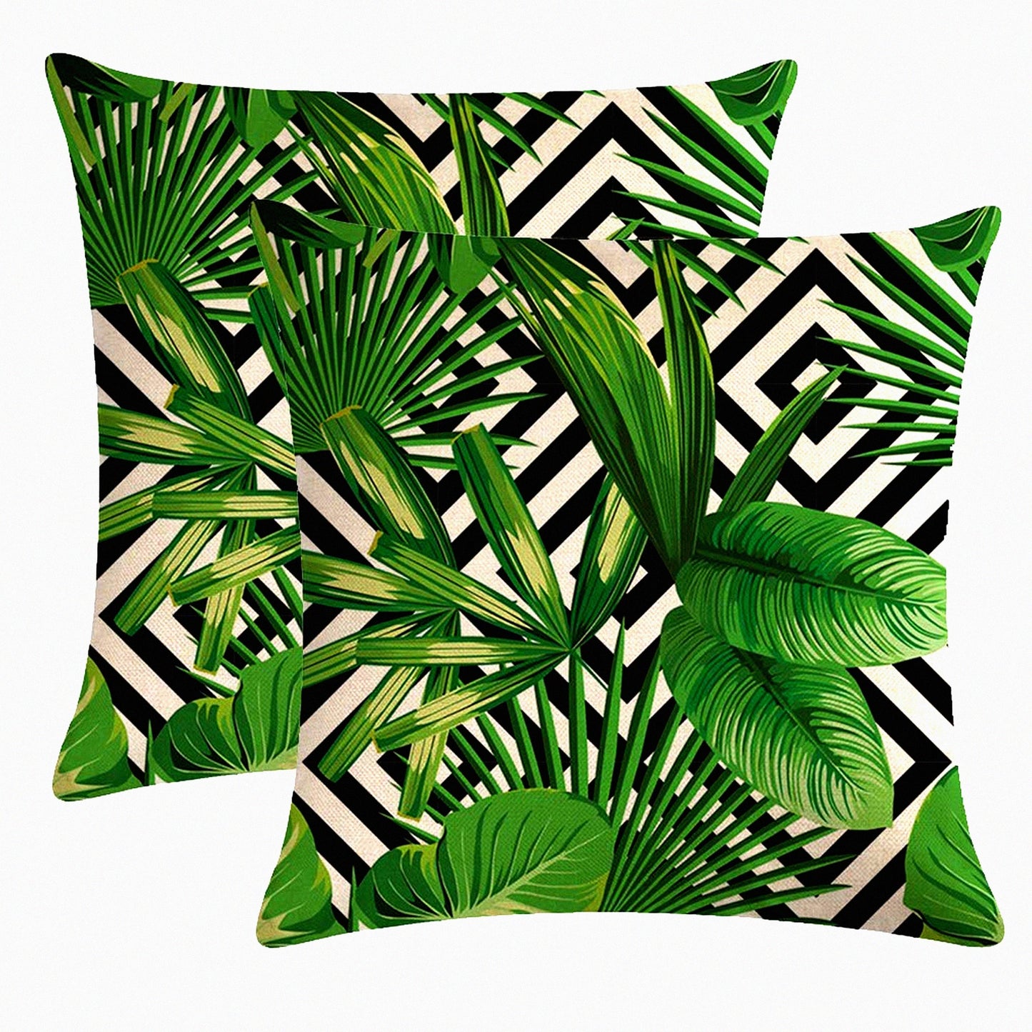 Tropical Palm Leaf Geometric Cushion Cover Set - Green Leaves Decorative Pillowcase for Home Decor - Cotton Linen Square Throw Pillow Cover 18x18 Inch