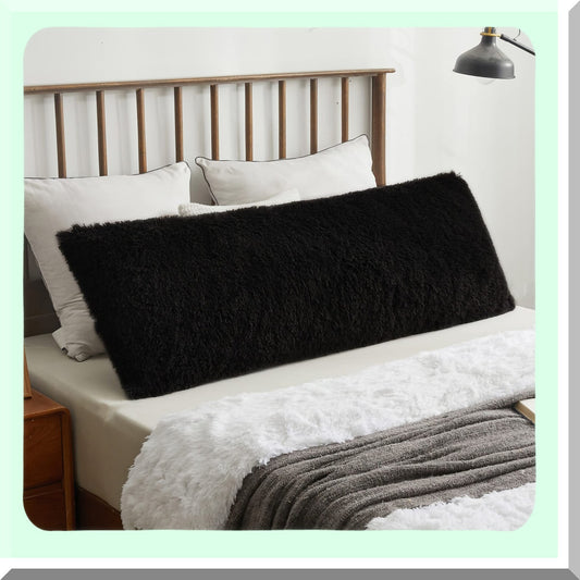 Fluffy Boho Shaggy Body Pillowcase - Soft Plush Long Decorative Pillow Cover for Bedroom Sofa Couch - Solid Black Throw Bed Pillow Case