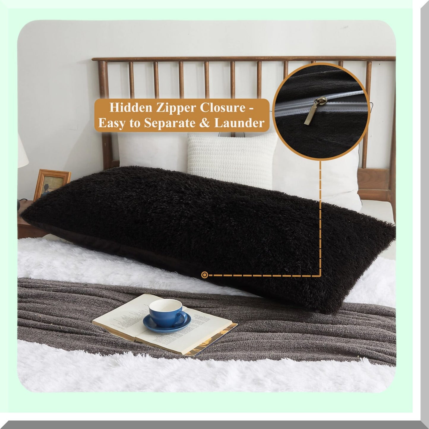 Fluffy Boho Shaggy Body Pillowcase - Soft Plush Long Decorative Pillow Cover for Bedroom Sofa Couch - Solid Black Throw Bed Pillow Case